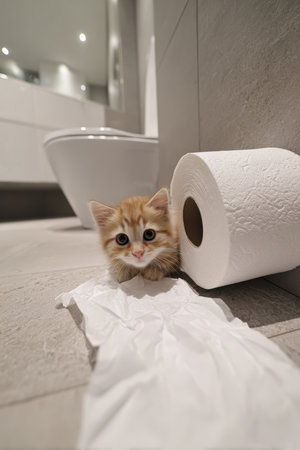 A playful kitten is tangled in a roll of toilet paper in a modern bathroom. The bright lighting and minimalistic decor highlight the kitten's innocent expression.の素材