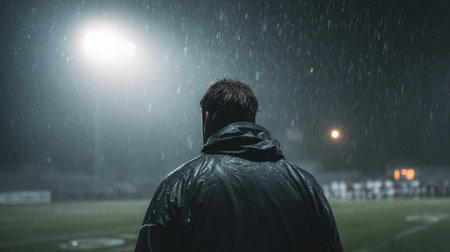 A coach in a black rain jacket observes a night practice under stadium lights. The wet grass reflects the intense, cinematic sports atmosphere, creating a dramatic scene.の素材
