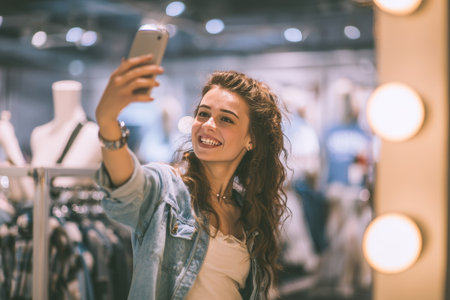 A woman captures a mirror selfie in a brightly lit clothing store. A mannequin in the background appears to mimic her pose, adding a humorous touch to the retail environment.の素材