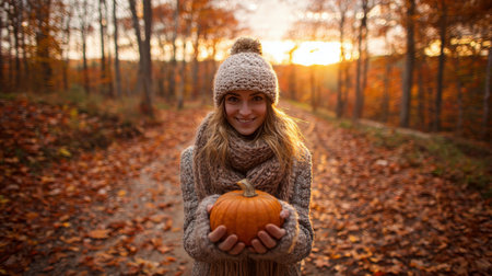 A woman in a knit hat and scarf holds a pumpkin on a forest path covered with fallen leaves. The scene is illuminated by the warm glow of golden hour, capturing the essence of fall.の素材