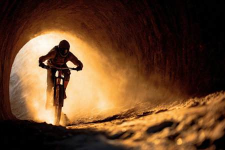 A mountain biker rides out of a dark tunnel into bright sunlight, symbolizing rebirth. The high-contrast lighting and dynamic composition create a cinematic, documentary feel.の素材