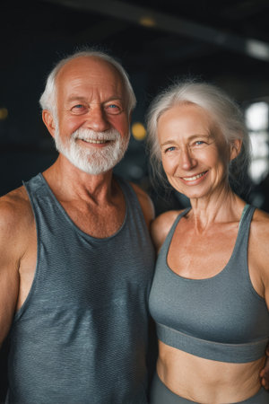 Portrait of a joyful senior couple during a fitness session, captured in cinematic natural tones and glowing light, embodying a healthy lifestyle and positive mood.の素材