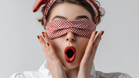 A woman blindfolded, tasting food, and reacting with shock and surprise. Captured against a white studio backdrop, highlighting her expressive response to the unexpected flavor.の素材