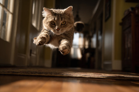 A dynamic image of a cat captured mid-leap across a hallway, showcasing its agility and focus. The scene is beautifully lit with soft natural lighting, freezing the action in time.の素材