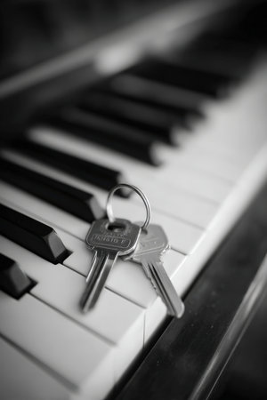 A set of house keys rests on a piano keyboard, symbolizing a milestone for new homeowners. The image features cinematic tones and a focus on the keys, creating a joyful composition.の素材