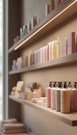 A boutique store shelf displays neatly arranged cosmetics in pastel packaging under soft neutral lighting. The minimalist design and photorealistic focus highlight product elegance.の素材