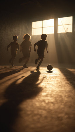 Three young players chase a soccer ball indoors, bathed in cinematic golden sunlight reflecting off the floor, capturing a natural storytelling energy and dynamic movement.の素材