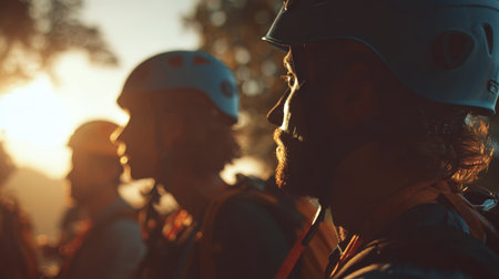 A team of travelers, equipped with helmets and harnesses, prepares for a zipline adventure. The sun casts a cinematic glow, enhancing the anticipation and documentary style.の素材