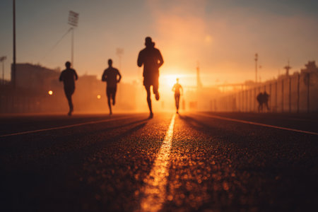 Four runners train on a foggy track at sunrise, creating a cinematic mood of dedication and calm energy. The wide view captures the golden light tone, enhancing the serene atmosphere.の素材