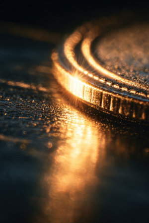 Artistic macro shot capturing the edge of a medal glistening under sunlight. The cinematic composition and warm tones evoke a sense of victory and achievement.の素材