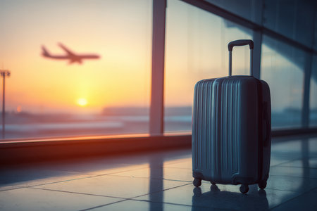 A single suitcase stands by an airport window, with an airplane in the background and a soft sunrise glow. The image captures a cinematic and minimalist travel tone.の素材