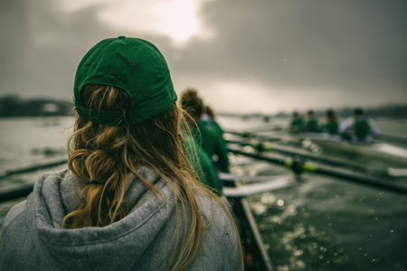 A young female coxswain in a green cap guides her rowing team in synchronized motion under cloudy skies. Captured in a dynamic tracking shot, this image showcases sports realism.の素材