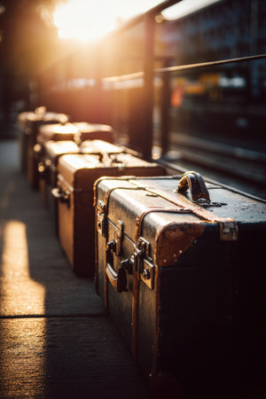 A cinematic travel lifestyle photo featuring a row of vintage suitcases illuminated by the warm glow of morning sunlight. The image captures elegant tones and soft contrast.の素材