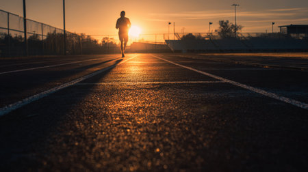 A runner's silhouette casts a long shadow across a track during sunset. The image captures a minimalistic and artistic tone with cinematic golden hour lighting.の素材