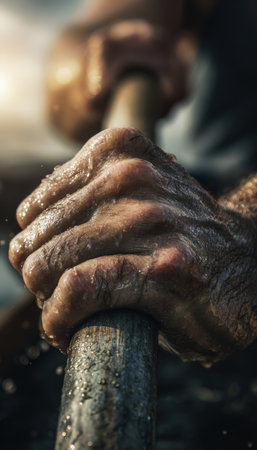 Macro shot of a rower's hands tightly gripping an oar handle, highlighting sweat and sunlight. The image captures the intense and realistic texture of the sports moment.の素材