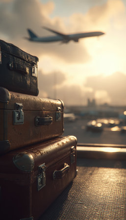 A cinematic airport scene featuring vintage suitcases bathed in sunlight, with an airplane taking off in the background. The image captures detailed textures and a sense of travel adventure.の素材