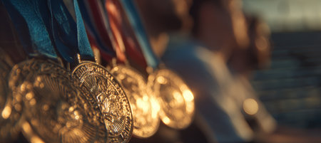 Macro shot capturing medals reflecting sunlight with a team in the background. The image features cinematic shallow focus, warm detailed realism, and an emotional tone.の素材