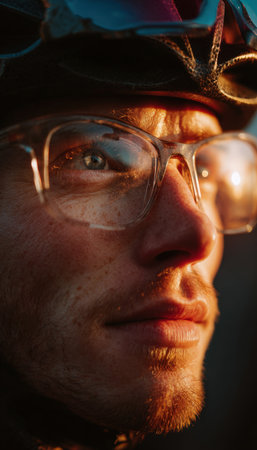 Close-up portrait of a cyclist in warm evening light, showcasing reflective helmet and glasses. The image captures cinematic realism and outdoor storytelling style.の素材