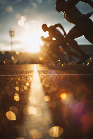 Spectators observe sprinters racing during a championship event. The scene captures the golden tones of sunset and lens flare, creating a dynamic sports documentary style.の素材