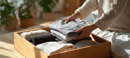 A young adult neatly folds clothes into a drawer using the KonMari method. The scene captures a clean, minimalist bedroom bathed in natural daylight, emphasizing a peaceful routine.の素材