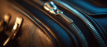 Close-up image of suitcase edges and zippers, showcasing elegant design with cinematic lighting reflections. The modern travel accessory is captured in a minimal and stylish composition.の素材