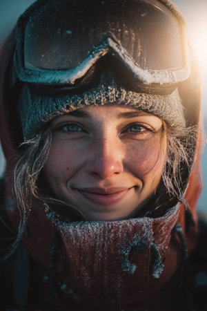 Close-up portrait of a woman smiling with frost on her jacket and sunlight reflecting in her goggles, capturing a cinematic winter adventure mood. Perfect for outdoor and travel themes.の素材