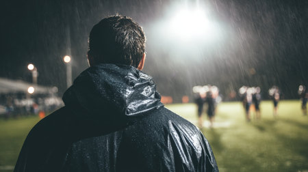 A coach in a black rain jacket oversees a night sports practice under bright stadium lights. The wet grass reflects the intense, cinematic atmosphere, highlighting the dedication and focus.の素材