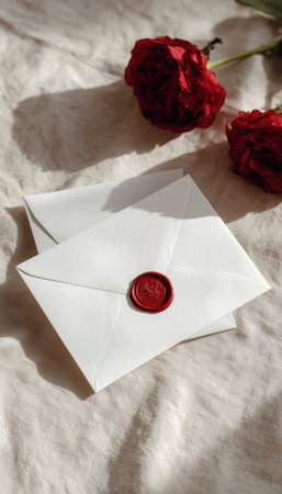 Elegant Valentine's Day card featuring a red wax seal, placed on a linen surface with an envelope and red roses, creating a romantic and minimalist product layout.の素材