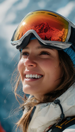A young woman smiles while skiing downhill, her reflective goggles capturing mountain peaks. The image exudes dynamic energy and a cinematic sports portrait style.の素材
