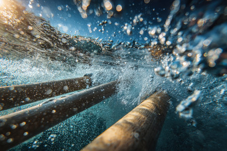 Surreal underwater shot capturing oars slicing through water, creating air bubbles and refracted light. This artistic perspective highlights experimental sports photography techniques.の素材