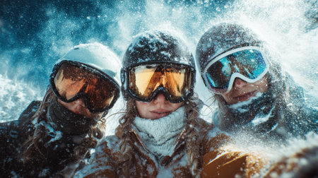 Three friends enjoy a thrilling snowboarding adventure, surrounded by powder spray. Sunlight reflects in their goggles, capturing the cinematic energy and vibrant winter atmosphere.の素材