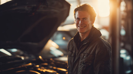 Portrait of a smiling mechanic under soft morning sunlight, with a blurred background featuring an open car hood, capturing cinematic realism and warmth.の素材