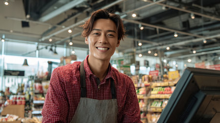 A young man with side-parted black hair and a red checkered shirt smiles warmly from behind a checkout desk in a clean, well-lit grocery store, wearing an apron.の素材