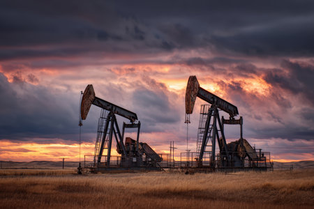 Two pumpjacks operate in harmony on a vast prairie at dusk, their dark steel frames contrasting with dramatic clouds and saturated colors, capturing the essence of industrial beauty.の素材