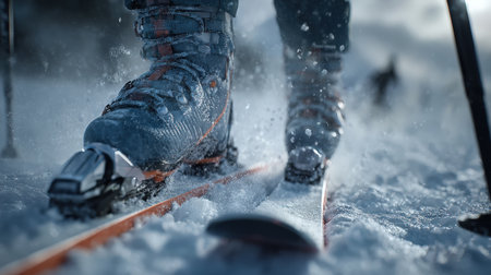 Macro shot of a skier's boots and poles slicing through snow, capturing detailed snow particles and textures. The image showcases cinematic sports realism and dynamic winter action.の素材