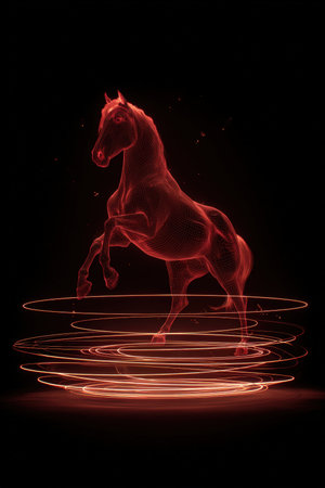 A mystical rendering of a horse made of red light, floating amidst rotating zodiac rings. The image captures a surreal, cinematic atmosphere with an astral theme.の素材