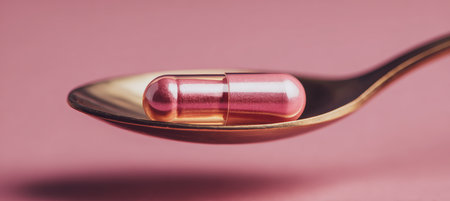 Macro image featuring a single capsule on a spoon, set against a blurred vegetable background. The minimalist composition and soft lighting emphasize modern nutritional themes.の素材