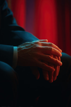 Intimate close-up of two hands resting tensely, symbolizing negotiation during bilateral talks. Warm lighting and a softened backdrop with national colors enhance the editorial realism.の素材