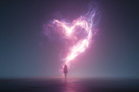 A dreamlike conceptual image depicting a glowing heart merging with a human silhouette, symbolizing love energy. The scene is rendered in cinematic realism, creating a surreal atmosphere.の素材