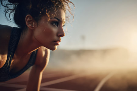 A female track athlete intensely focused at the starting blocks, with a stadium backdrop in early morning mist and soft golden light, highlighting her determination and form.の素材