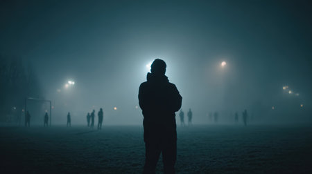 A coach stands with arms crossed on a foggy field, with barely visible players in the background. The scene has a minimalist and mysterious cinematic tone, enhanced by dim lighting.の素材