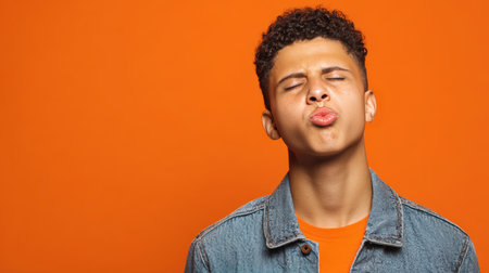 A young boy squints with tightly puckered lips, as if tasting something sour, against a vivid orange studio backdrop with bright lighting.の素材
