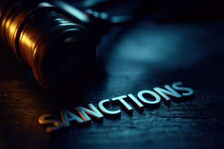 Close-up image of the word "sanctions" with a raised gavel and a softly blurred Georgian flag in the background. The cool-toned editorial lighting adds a tense political symbolism.の素材