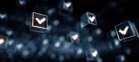 Glowing checkboxes float in a dark, futuristic background, symbolizing time management and productivity. The visual realism enhances the abstract concept of efficient task completion.の素材