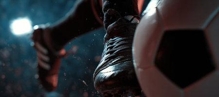 Close-up image capturing the intense interaction between a soccer shoe and ball. The dynamic low-angle composition emphasizes cinematic tension and detail in the play.の素材