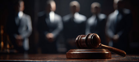 A gavel in focus with blurred professionals in suits in the background, symbolizing the justice system in a cinematic storytelling style. The image conveys authority and law.の素材