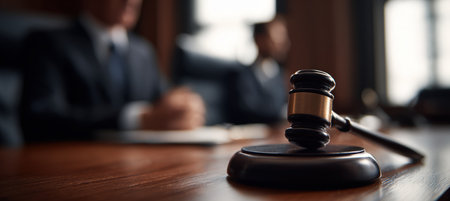 A wooden gavel sits prominently on a courtroom table, with two professionals blurred in the background. The scene is captured in neutral daylight tones, emphasizing a legal setting.の素材