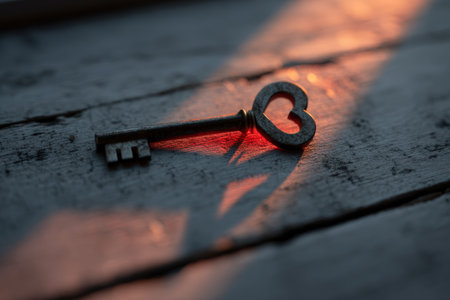 A heart-shaped key lies on a wooden surface, illuminated by glowing sunlight reflections, creating a cinematic and emotional atmosphere.の素材