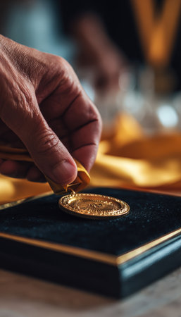 Close-up of hands placing a gold medal on a velvet presentation tray. The background is softly blurred, highlighting the ceremonial and luxurious award concept.の素材