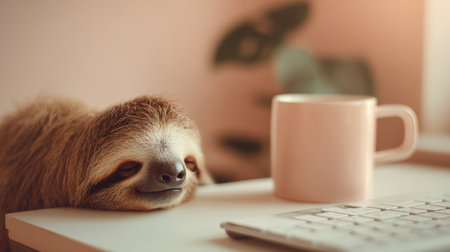 A sloth rests on a minimalist desk, accompanied by a warm mug and keyboard. The scene exudes a cozy, lazy morning vibe with a clean pastel aesthetic and shallow depth of field.の素材